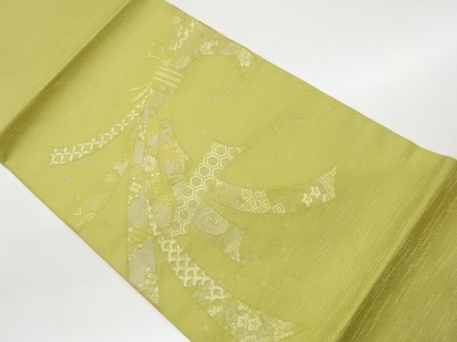 寿光織束ね熨斗に草花・鶴・古典柄模様織出し開き名古屋帯（額縁仕立て）